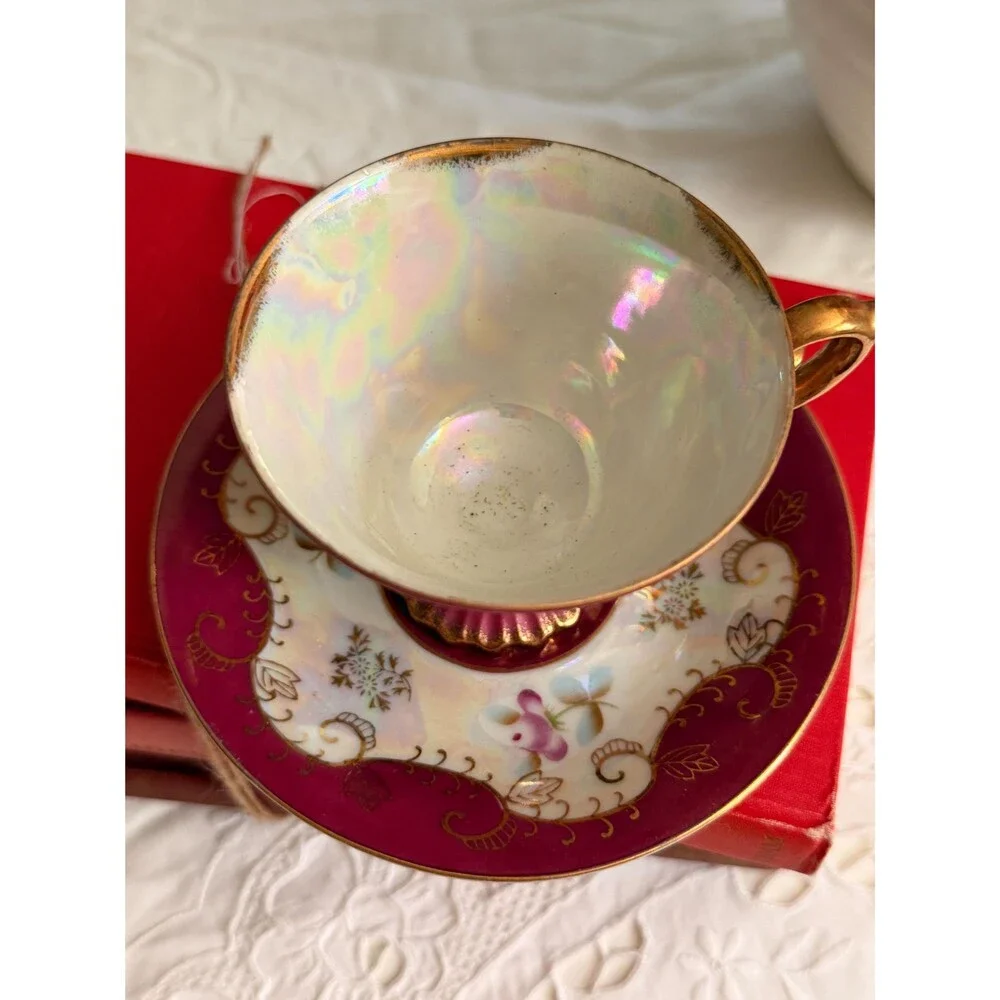 Royal Sealy Lusterware Teacup Saucer, Ruby Red Pedestal China, Gold Gilt Cottage